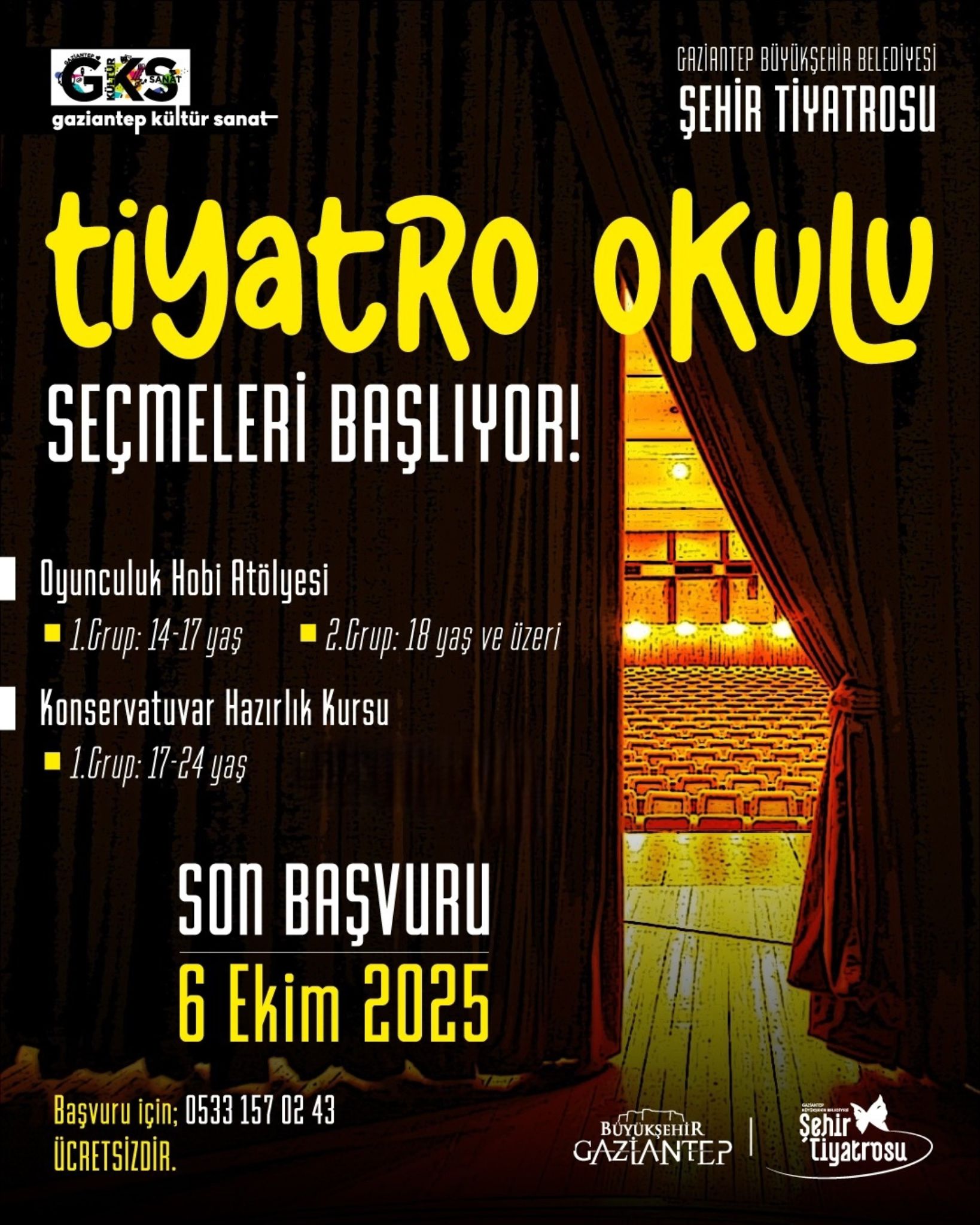 Gaziantep Büyükşehir Belediyesi Şehir Tiyatrosu Tiyatro Okulu Seçmeleri başlıyor.