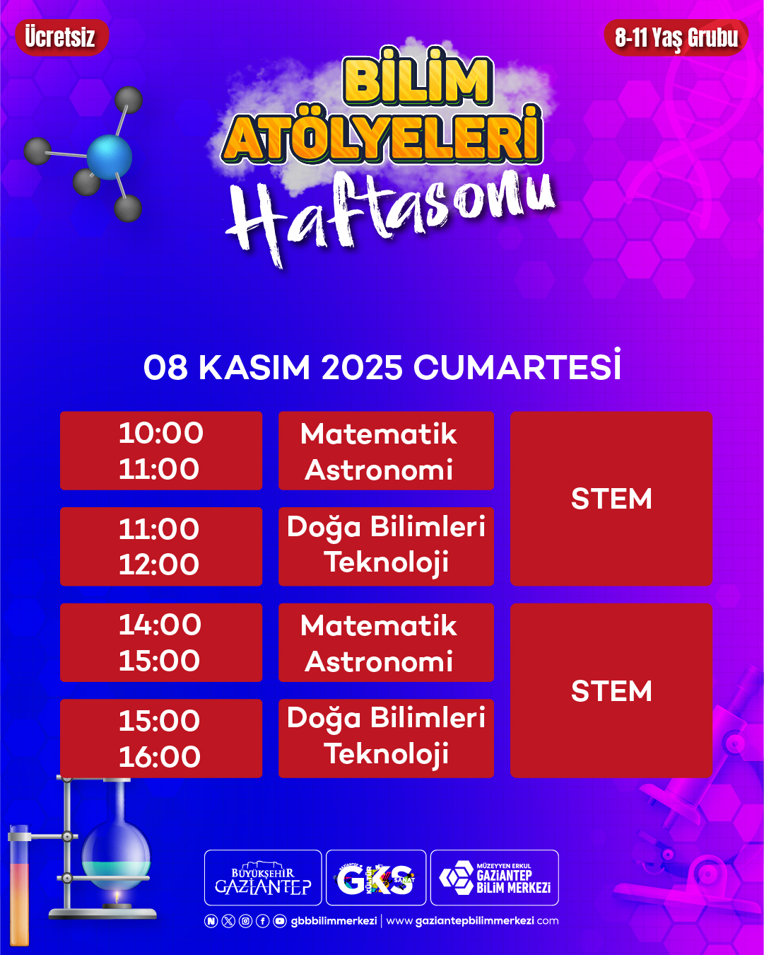 BİLİM ATÖLYELERİ HAFTASONU 8 KASIM CUMARTESİ 3. VE 4. SINIF 8-11 YAŞ
